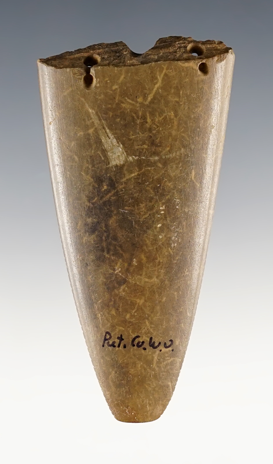 Well styled 2 15/16" anciently salvaged Gorget found in Putnam Co., Tennessee. Finely tallied.