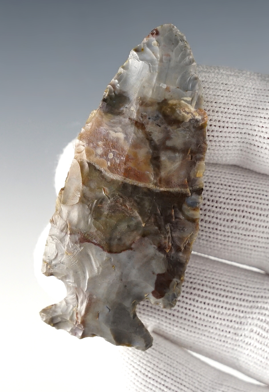 2 5/8" Cornernotch made from rare Pipe Creek Chert. Erie Co., Ohio. Ex. Mel Wilkens, David Root.