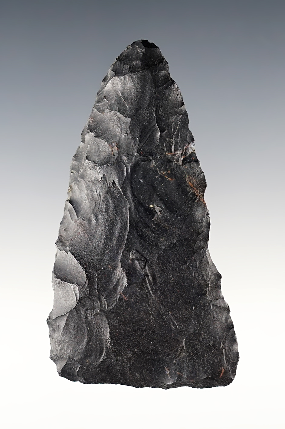 3 3/8" Triangular Blade found in Delaware Co., Ohio. Made from black Coshocton Flint. 