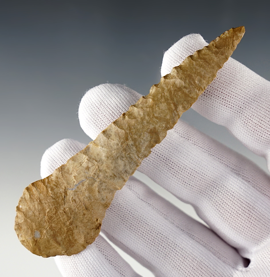 Outstanding 3 3/16" Expanded Base Drill made from Dover Chert. Found in Trigg Co., Kentucky.