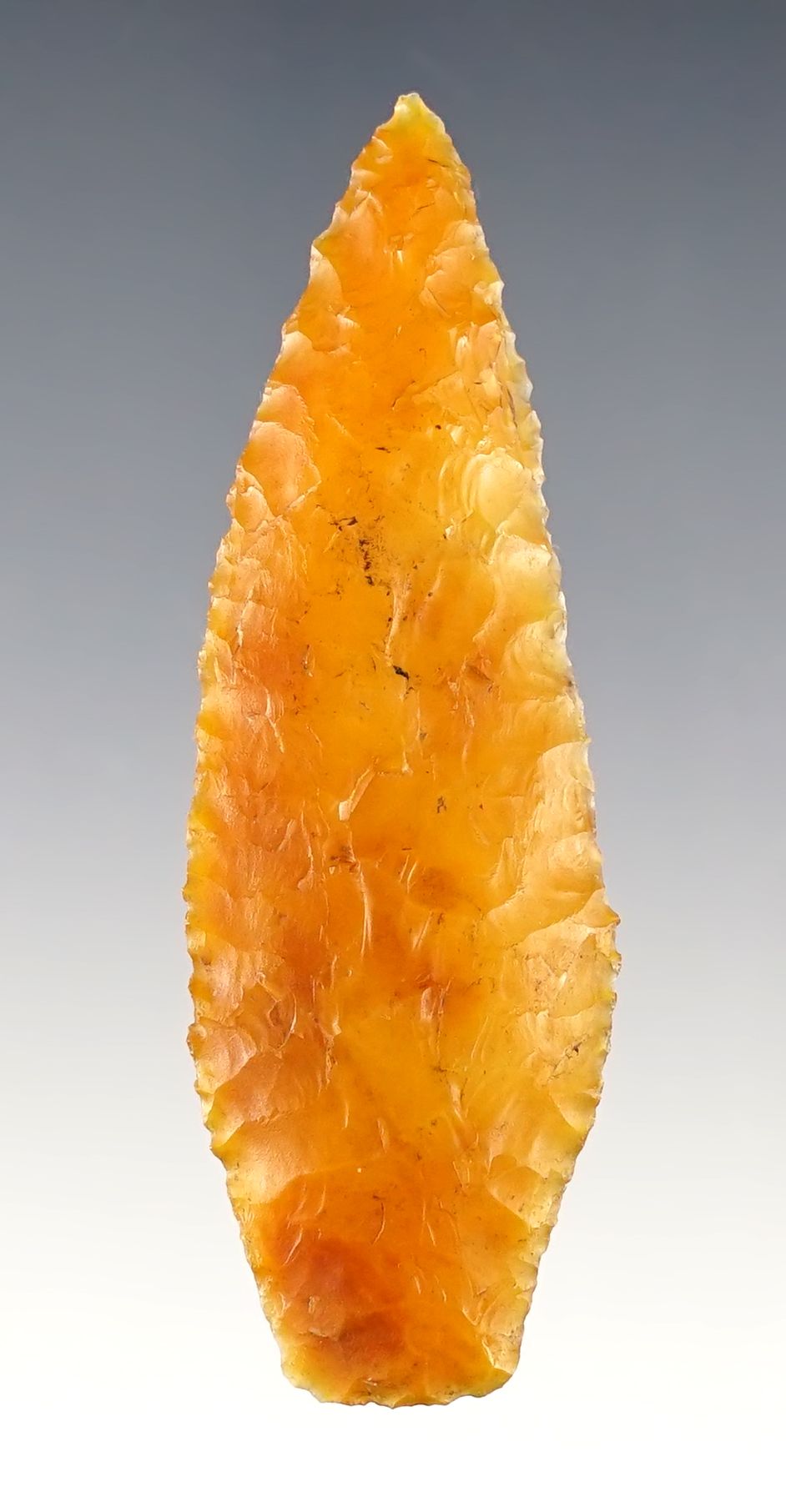 2 11/16" Cascade finely flaked from beautifully colored orange Agate. Found in Southern Oregon. Ex. Tommy Beutell.