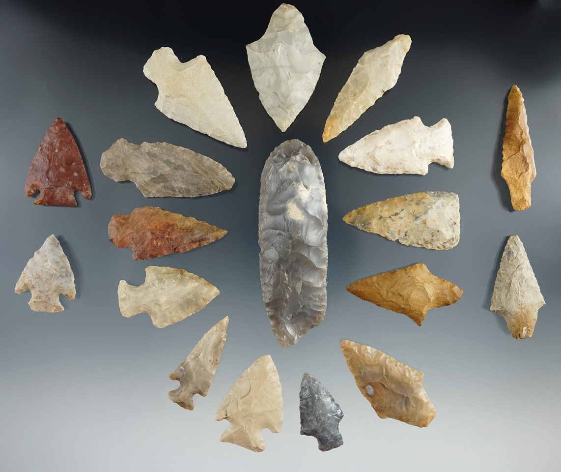 Group of 18 assorted arrowheads in nice condition found in Texas and Oklahoma. Largest is 3 1/8".