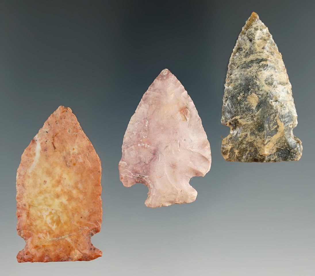 Set of three beautifully colored Ohio points, largest is 1 15/16".