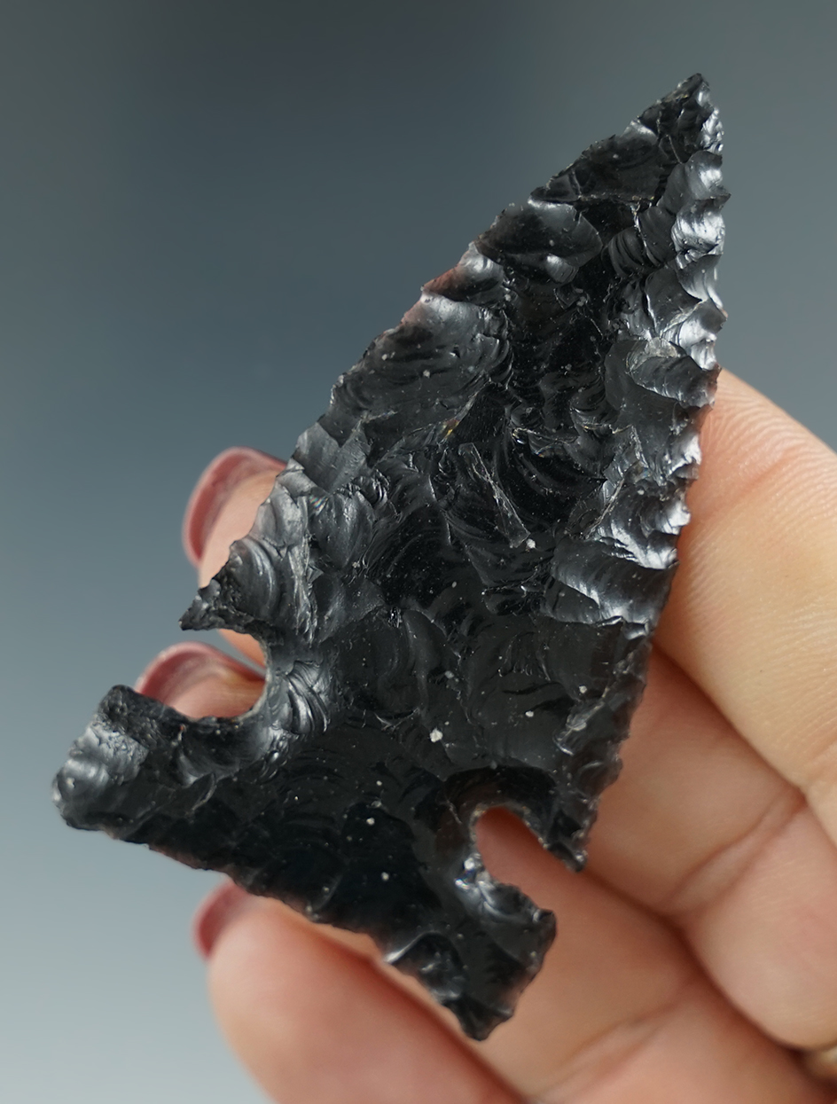 2 9/16" Northern Sidenotch made from black Obsidian. Found in the Great Basin, OR. Pictured!