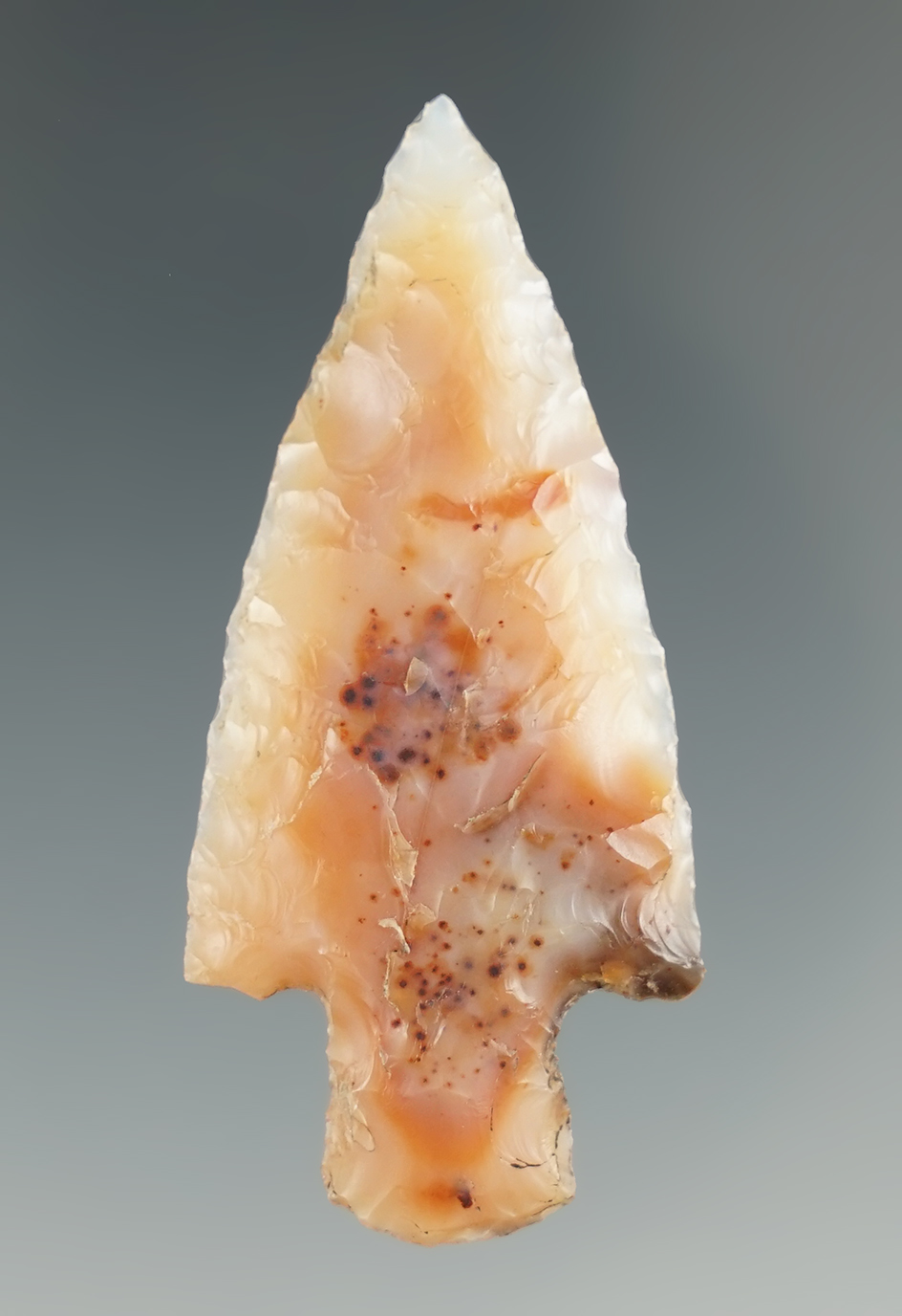 2 1/8" Stemmed Point made from beautiful pink, orange, and white Agate.  Columbia River, OR.