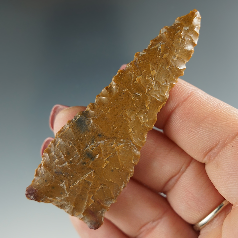 2 13/16" Columbia River Knife, heavily serrated, made from brown Agate. Columbia River, OR.