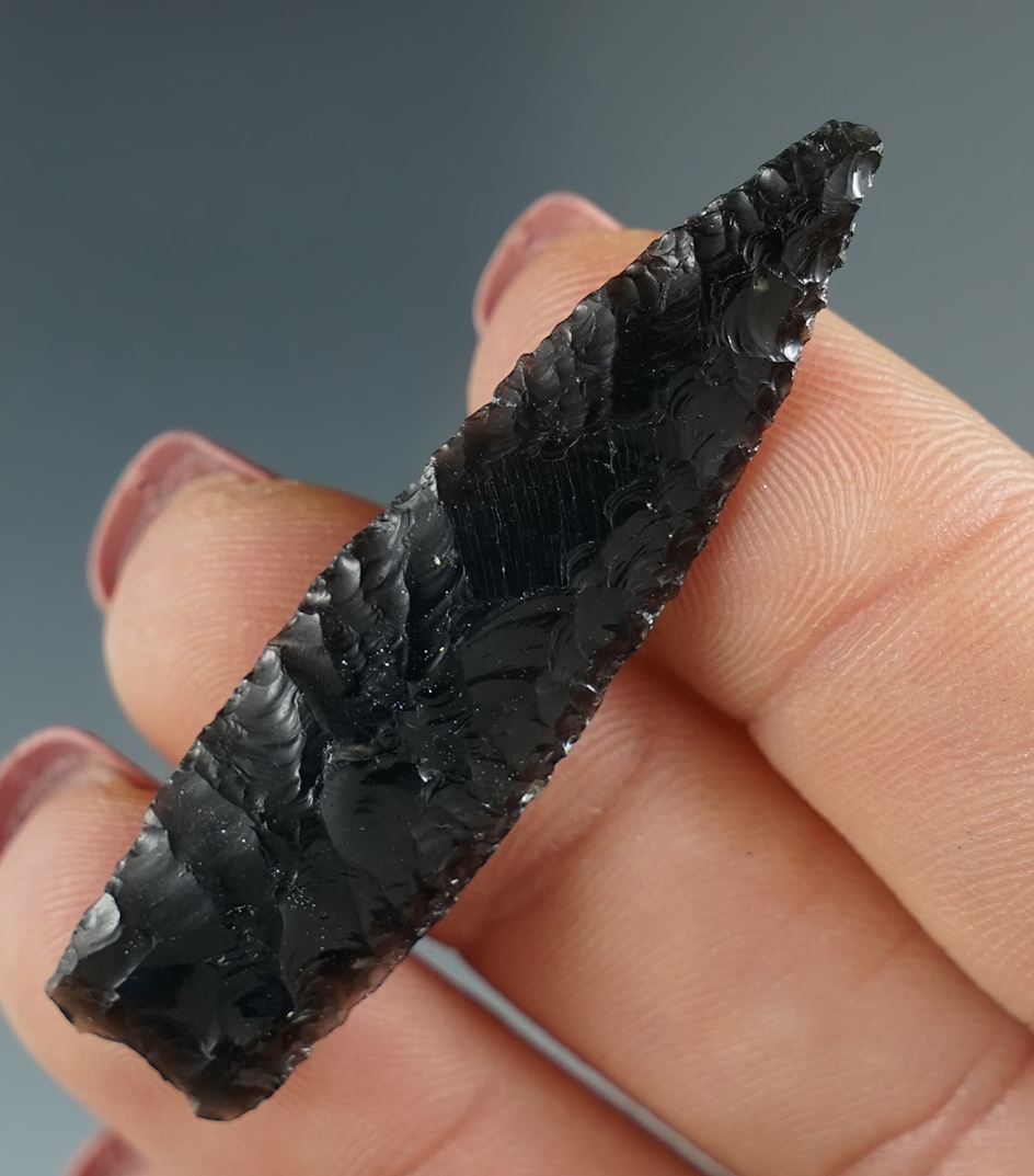 1 15/16" Humboldt Triangular made from black Obsidian. Found in the Great Basin, OR. Pictured!