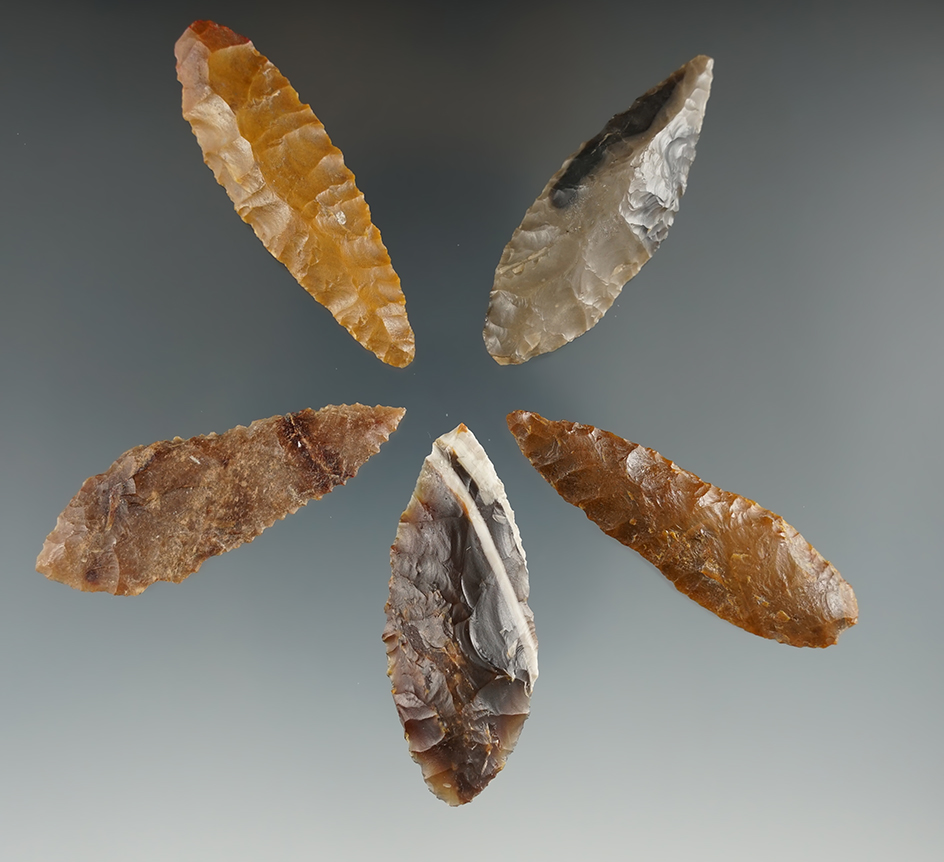 Five Cascade Leaf Blades made from Agate. Longest is 2 1/4". Found near the Columbia River, OR.