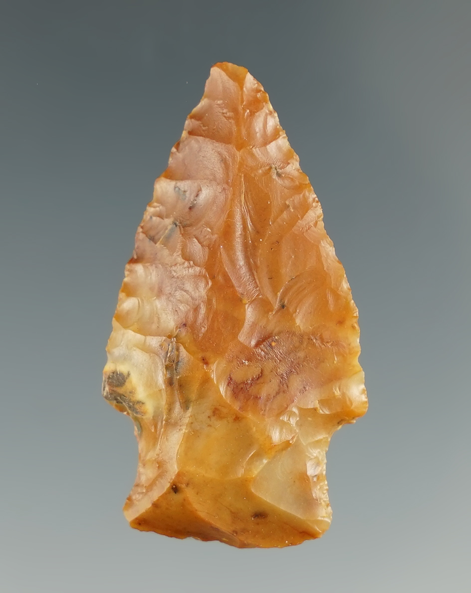 1 9/16" Stemmed Point  made from yellow and orange Agate. Found near the Columbia River, OR.