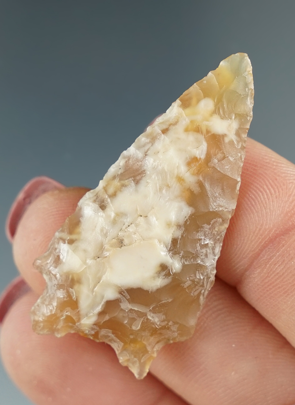 1 5/8" Notched Point made from translucent caramel Agate. Found near the Columbia River, OR.