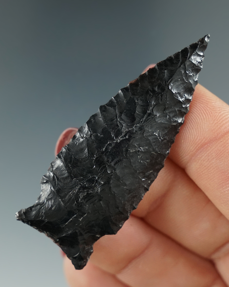 2 3/16" Elko Cornernotch with nice flaking made from Obsidian. Great Basin, OR. Pictured!