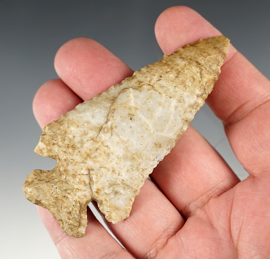Well styled 3 3/8" Thebes found in Madison Co., Illinois. Heavily beveled. Ex. Mitch Lewis.