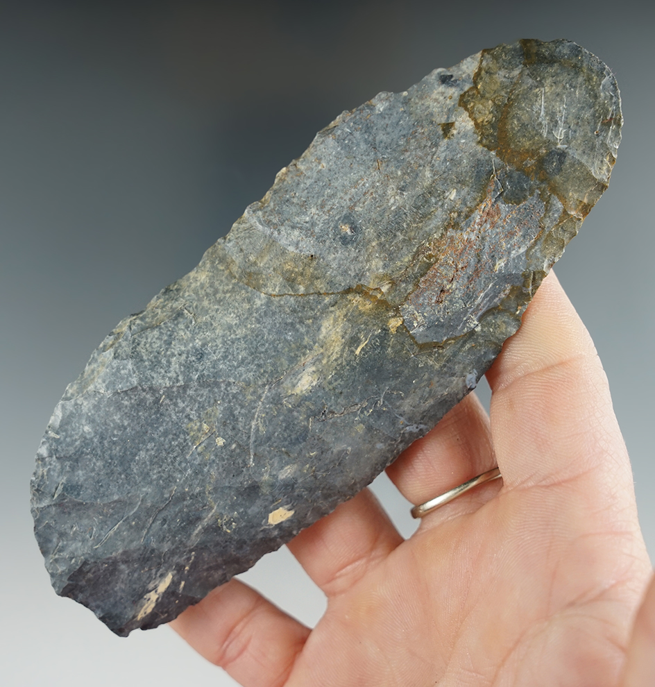 5" Paleo Curved Blade - beautiful blue, red and white Coshocton Flint. Richland Co., Ohio.