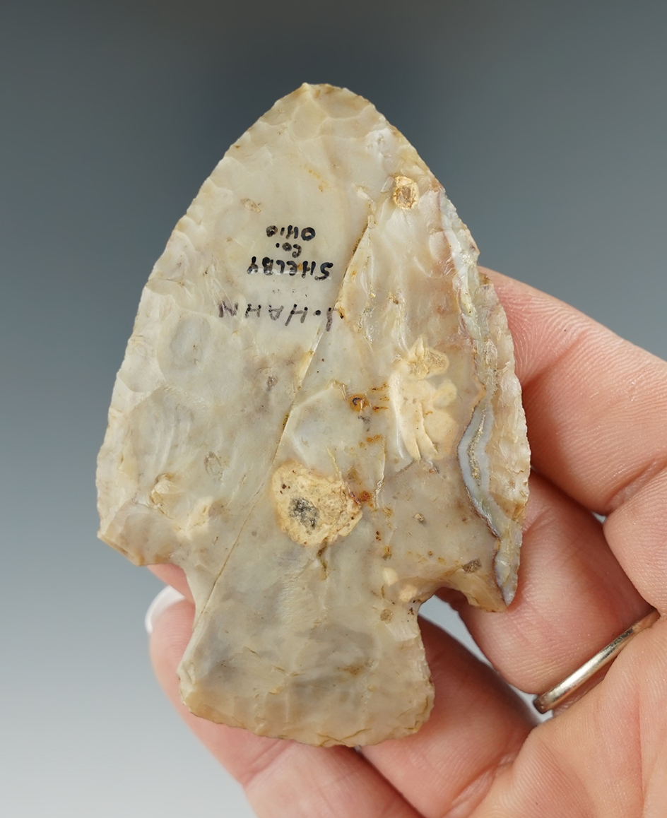 2 13/16" Flint Ridge Flint Hopewell found in Shelby Co., Ohio. Ex. Jim Haun, Kenneth Blake.