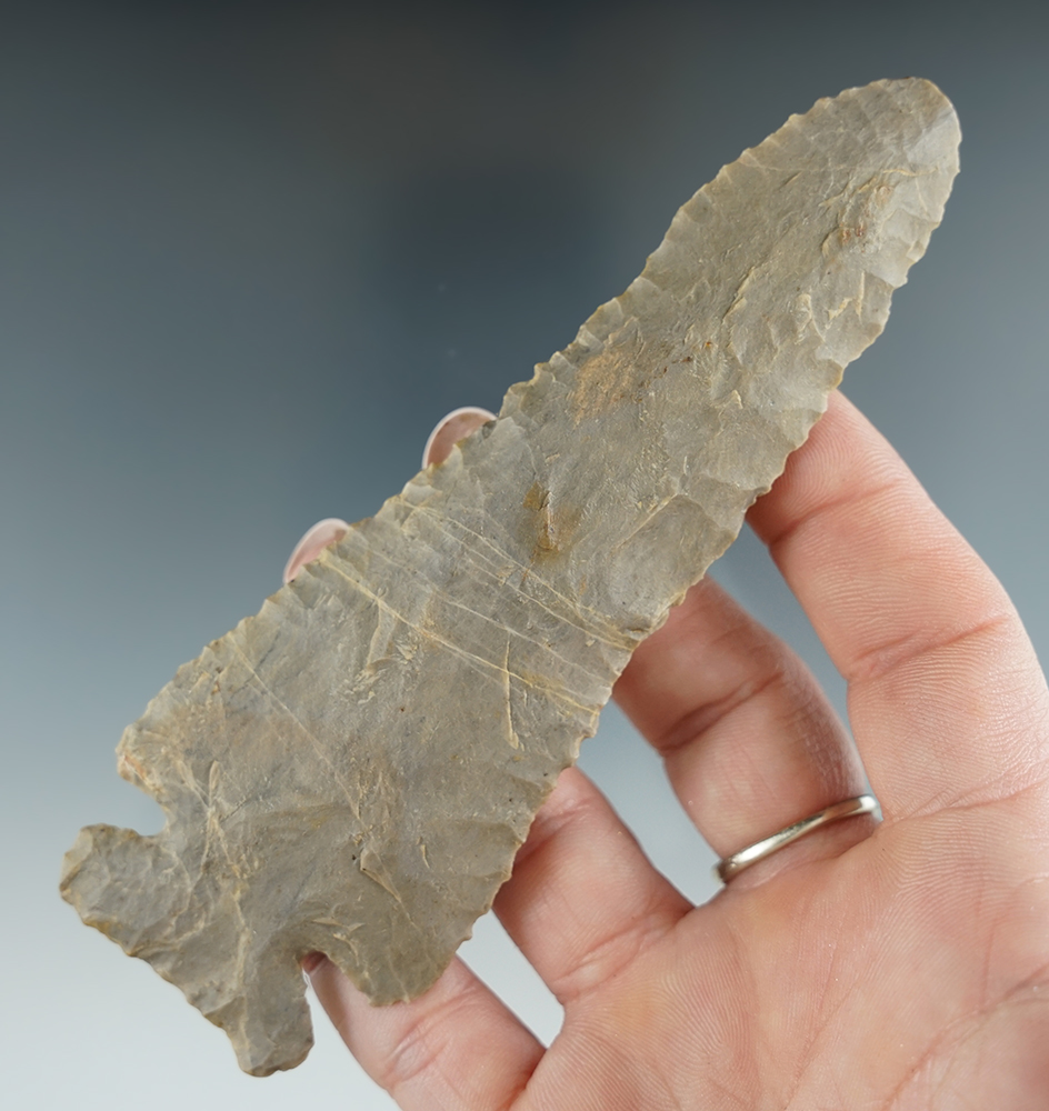 Large and nice! 4 15/16" Archaic Thebes with excellent edge work found in Union Co., Ohio.