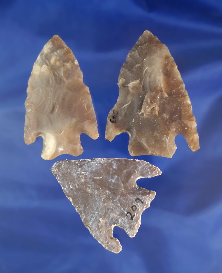 Set of three heavily patinated Texas arrowheads, largest is 2 5/16".