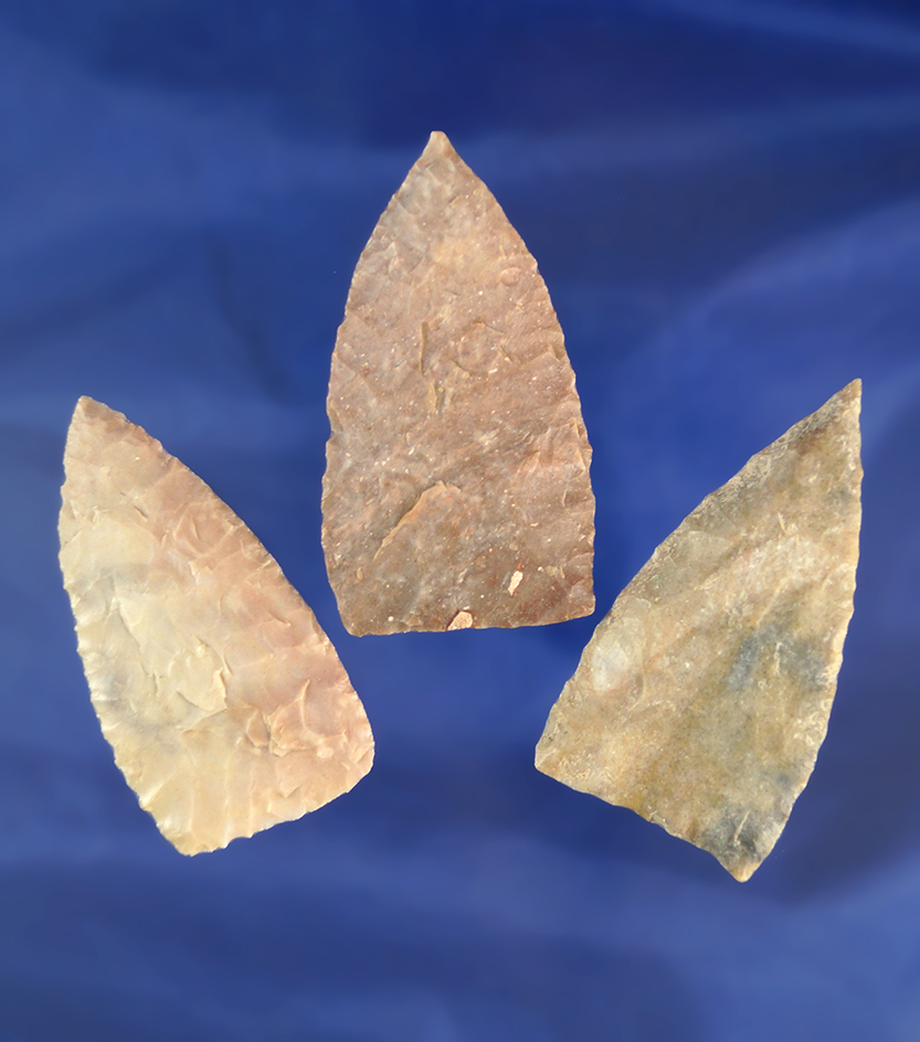 Set of three Triangular Knives found in Texas, all are nicely flaked. Largest is 2 1/16".