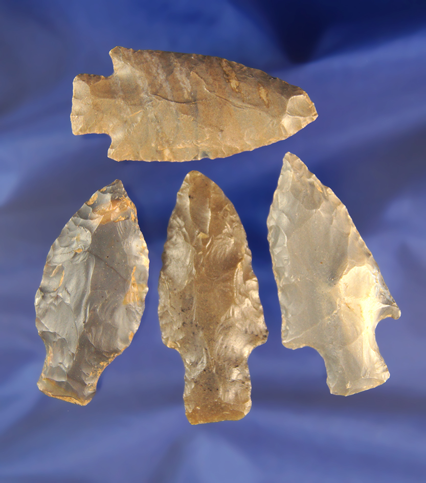 Set of four Kentucky arrowheads in nice condition, largest is 2 7/16".