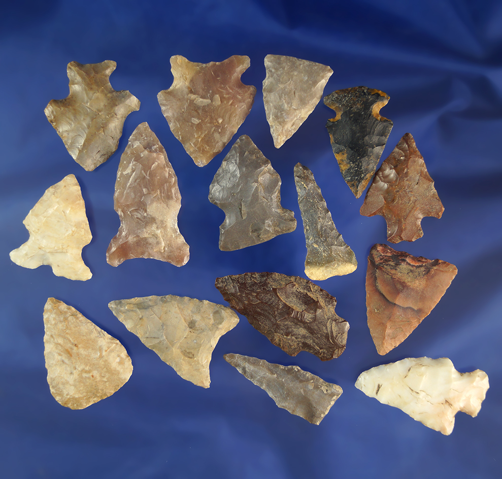 Set of 15 assorted Midwestern arrowheads, largest is 1 1/2".