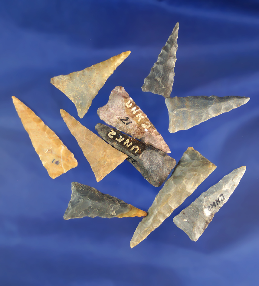 Set of 10 well flaked and nicely styled Triangle Points found in Kentucky. Largest is 1 3/4".