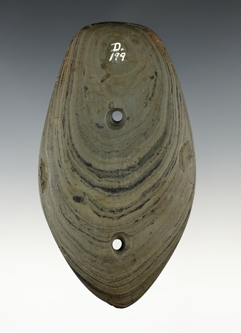 4 3/16" Glacial Kame Gorget found in Whitley Co., Indiana, in very good condition.