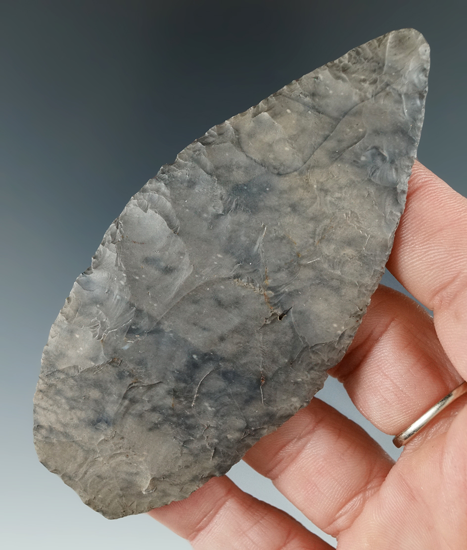 3 7/8" extremely fine and thin Paleo Lanceolate made of Coshocton Flint.  Allen Co., Ohio.