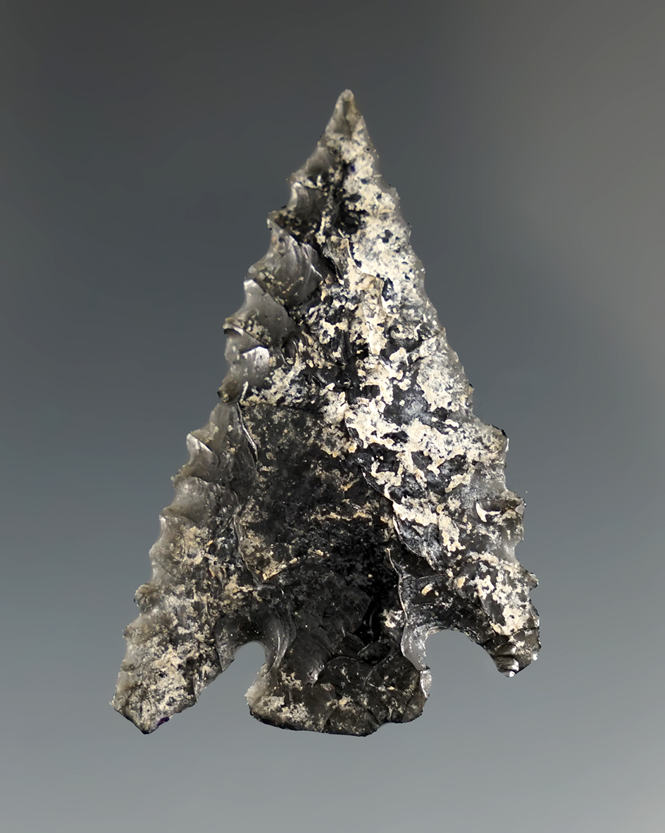 Exceptional serrations and style on this 1 5/8" Rose Springs Cornernotch - Lake Co.,Oregon.