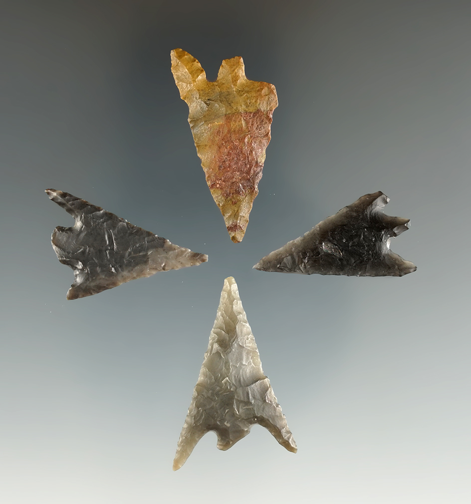 Ex. Museum! Set of four Gunther points found in southern Oregon, largest is 1 3/8".