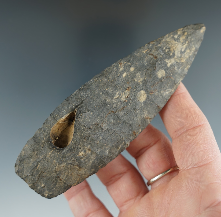 4 3/8" Paleo Lanceolate with an eroded fossil inclusion made from Nellie chert found in Ohio.