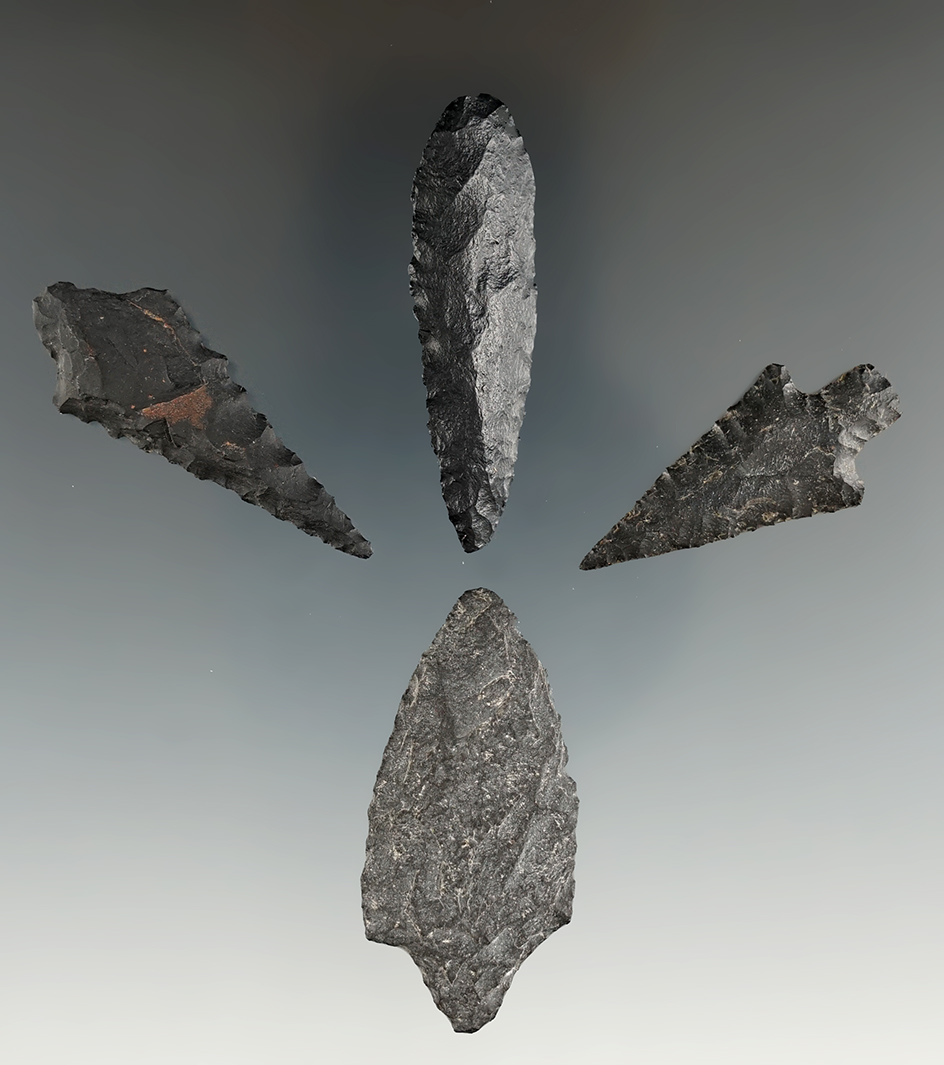 Set of four assorted Oregon arrowheads, largest is 1 13/16".