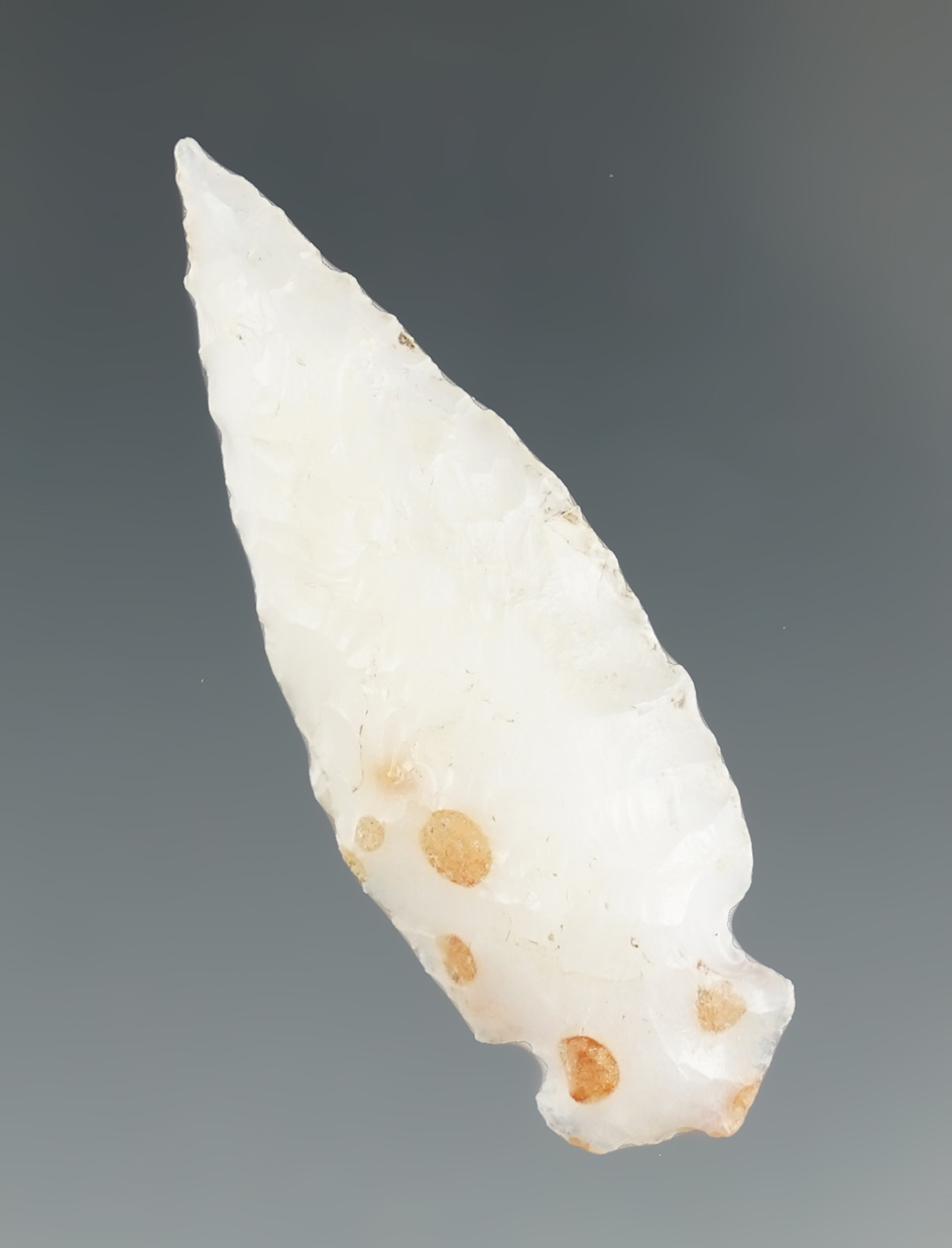 Pictured! 1 3/4" Wendover point made from attractive spotted chalcedony found in Oregon.
