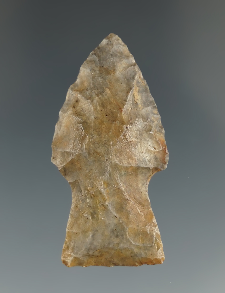 1 11/16" Stemmed Paleo Kaiser made from Coshocton Flint found in Ohio. Nicely ground stem.
