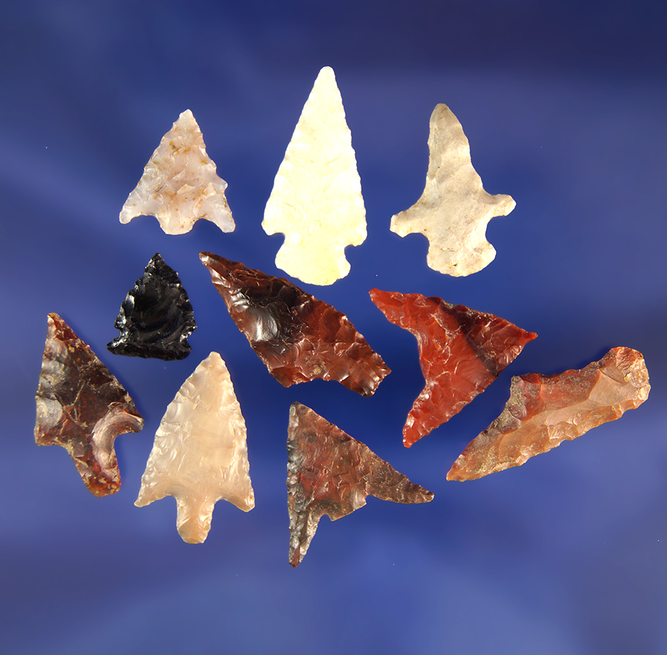 Group of 10 assorted arrowheads found near the Columbia River, largest is 1 1/16".