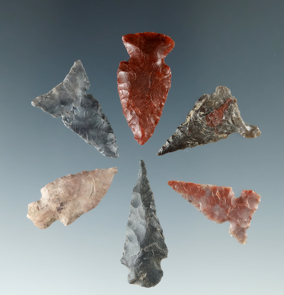 Set of six assorted Columbia River arrowheads, largest is 1 1/16".