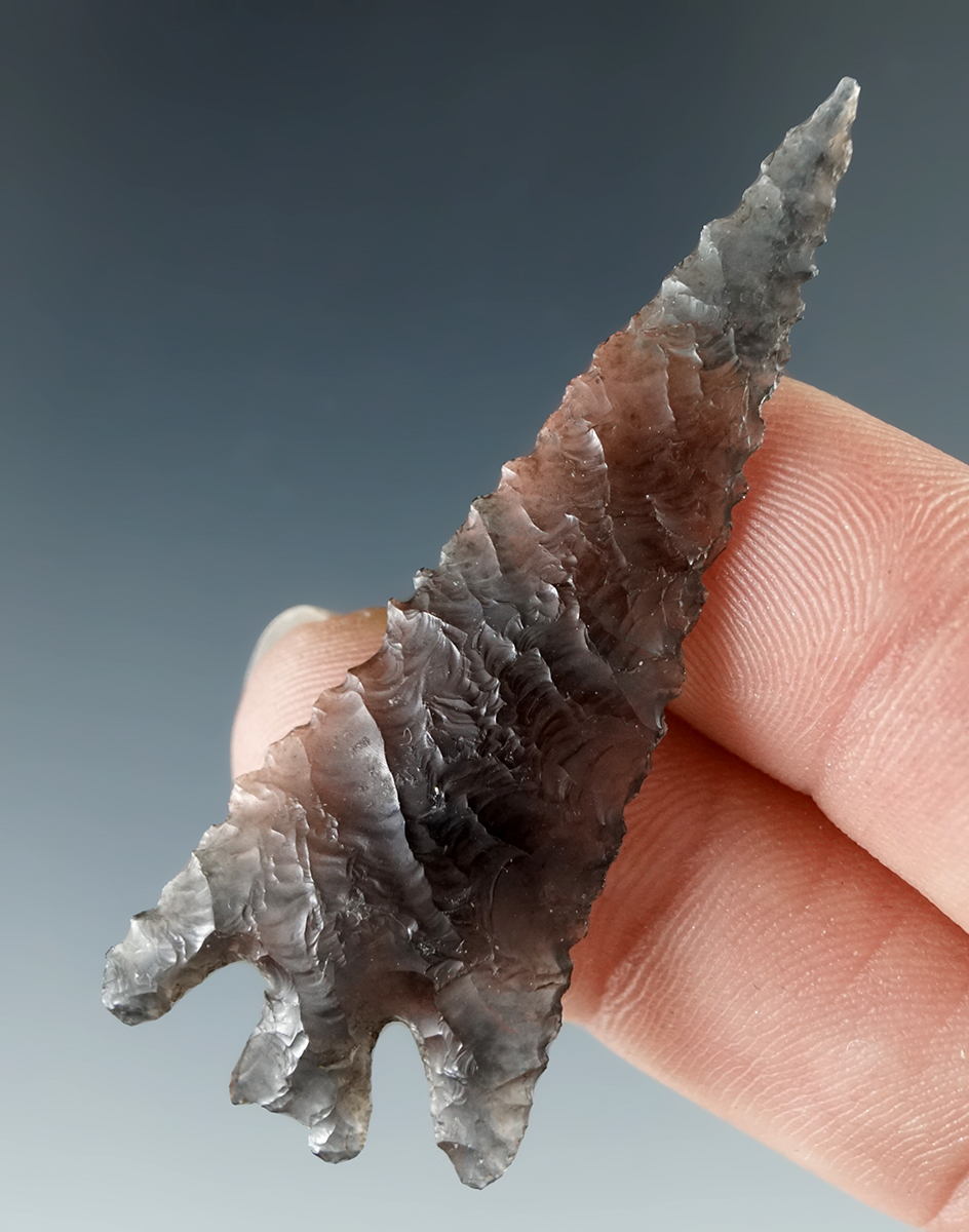 Exceptional flaking and style! 2 1/8" Columbia Plateau that is exquisitely flaked - silver obsidian.