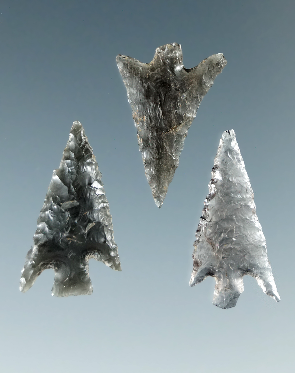 Set of three finely flaked obsidian points found near the Columbia River, largest is 11/16".