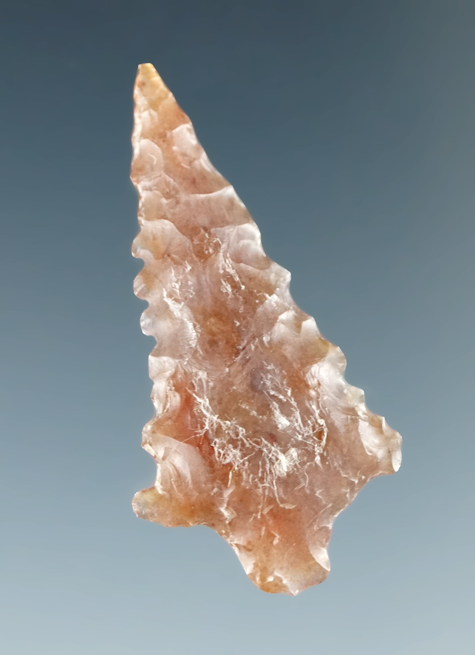 Nicely serrated 1 3/8" Rabbit Island - attractive semi translucent pink agates. Columbia River.