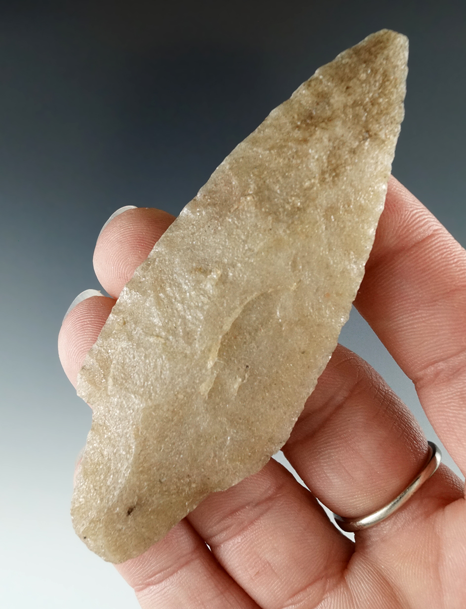 3 3/8" Paleo Lind Coolee - large for type - translucent quartzite with a nicely ground base.