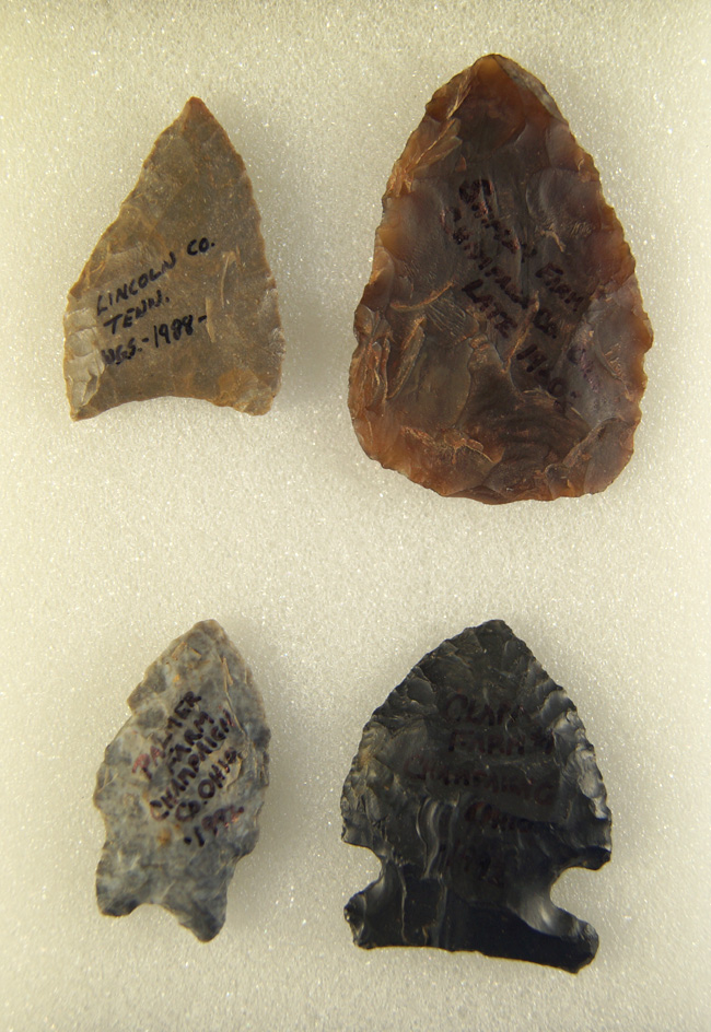 Set of four assorted arrowheads from the Greg Shipley collection, largest is 1 3/4". Ex.  Weidner