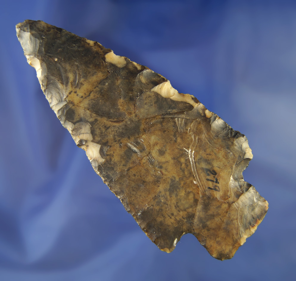 Large, heavily patinated 4 13/16" Flint Ridge Flint Adena Knife  found in Ohio. Ex. Jim Hovan.