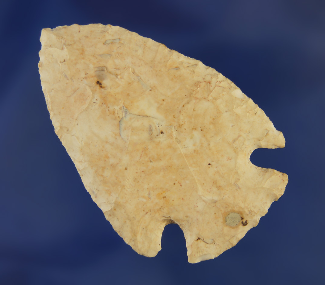 Excellent flaking on this 2 1/8" Cornernotch point found in Seneca Co.,  Ohio.