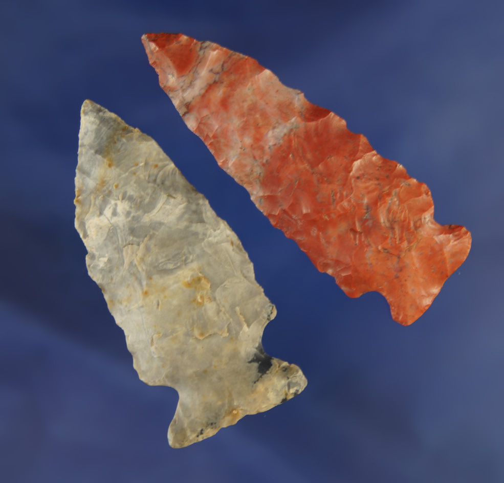 Pair of Archaic Fishspear Points made from Flint Ridge, one highly colored Red. Clark Co., Ohio.