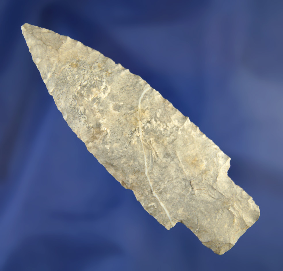 Thin 3 3/4" Paleo Stemmed Lance. Found in Norwalk, Ohio. Ex. Thomas Collection.
