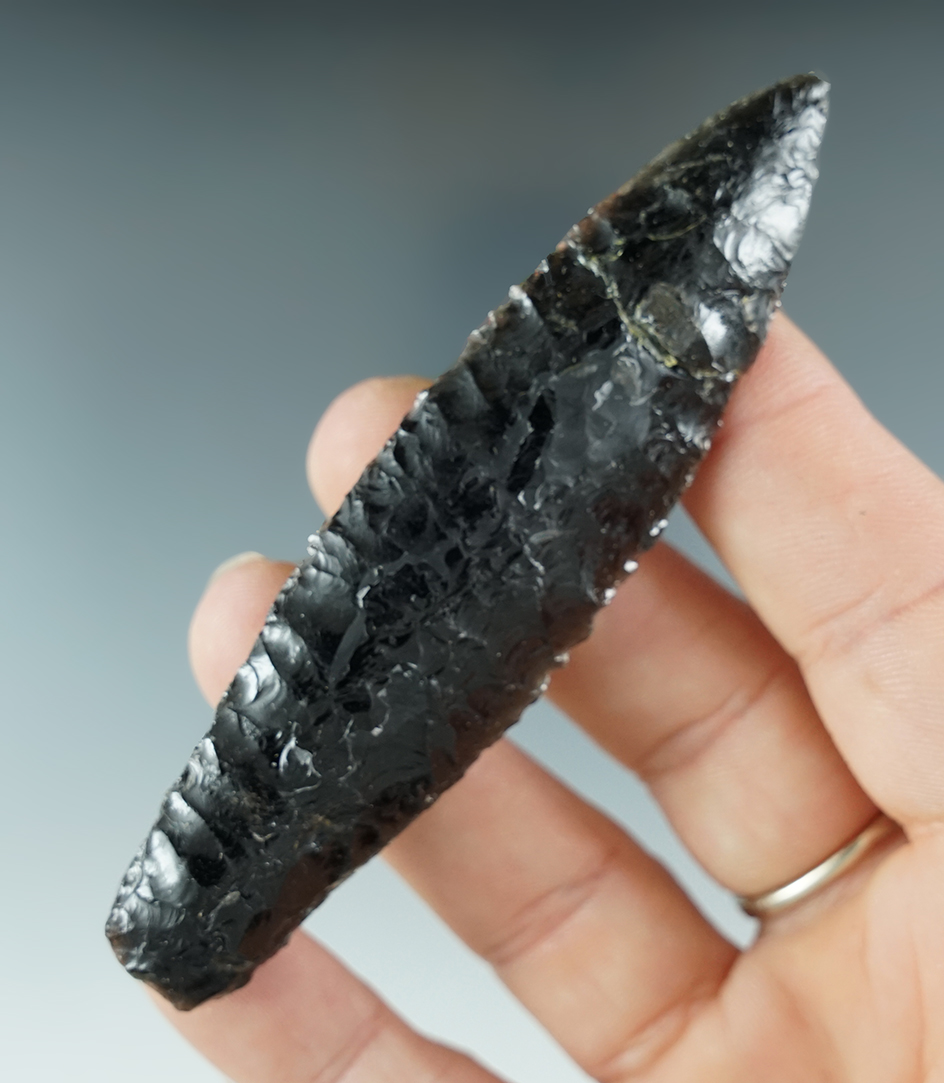 3 5/8" Paleo Cody Complex Lanceolate made from Obsidian with a broken/glued top section.