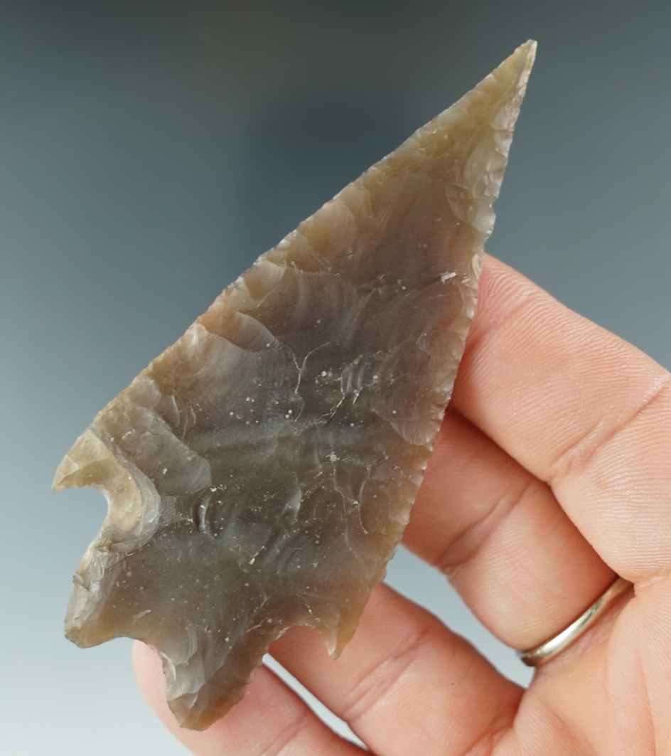 3 1/2" Pedernales found in Kerr Co., Texas. One barb has been restored. Rogers COA.