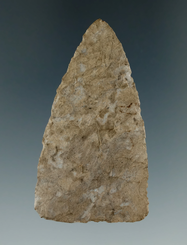 Thin and well flaked 2 3/16" Onondaga Flint triangular point found in New York. Ex. Howdy Lang.