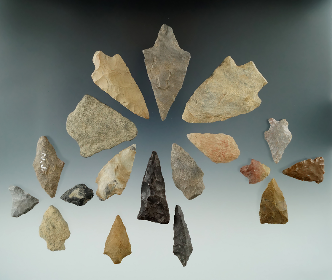 Set of 18 assorted points and knives found near Greenwich, New York. Largest is 2 1/4".