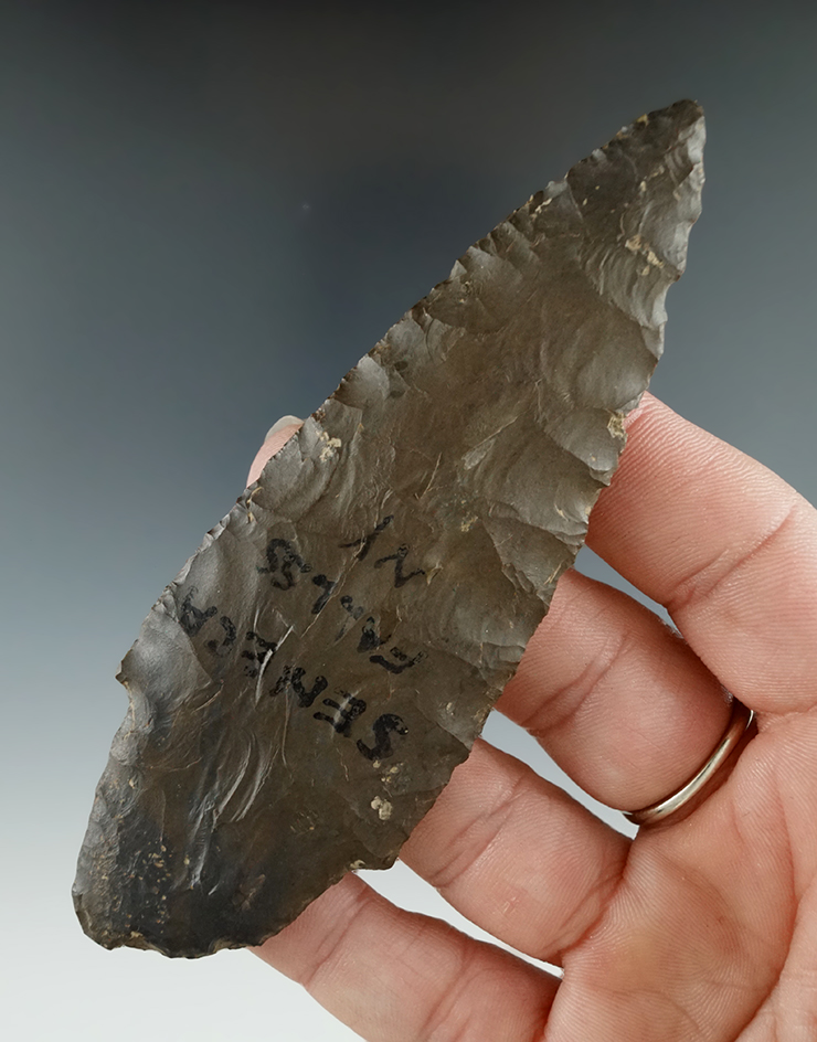 Excellent flaking and style on this 4 1/4" Adena made from Esopus chert found near Seneca Falls NY.
