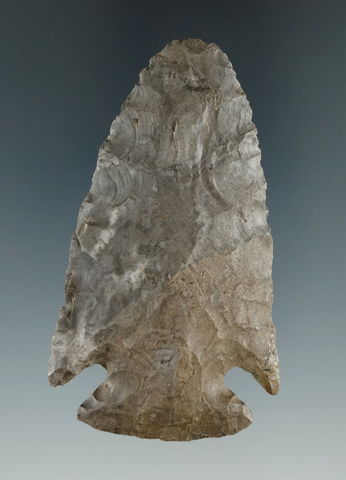2 3/4" Kirk Cornernotch - Onondaga Flint with one ear restored found near Huron, Ontario Co., NY.