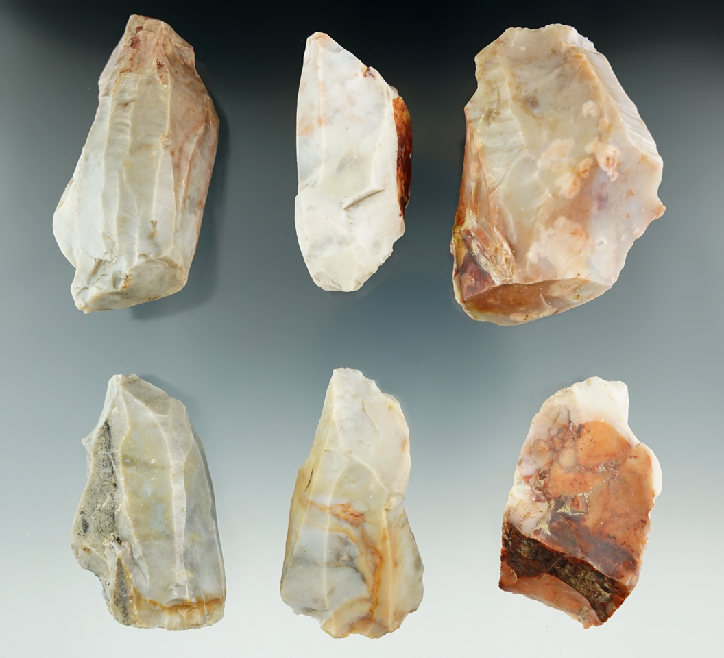 Group of six Flint Ridge Flint Hopewell cores found in Licking County Ohio. Largest is 2 3/4".